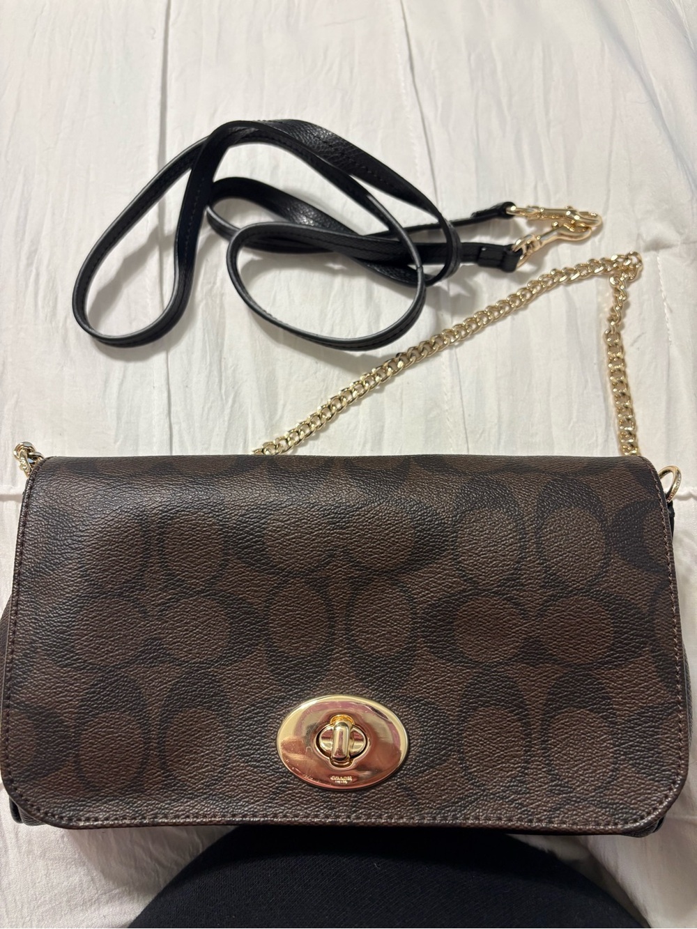 Brown coach Signature Print Crossbody Bag with Gold Hardware